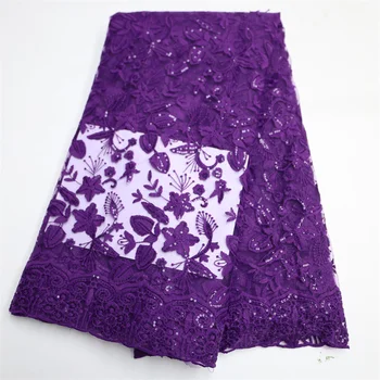 Тюлевая африканская кружевная ткань Высокого Качества, фиолетовая французская кружевная ткань с блестками Для вечернего платья, 5 ярдов