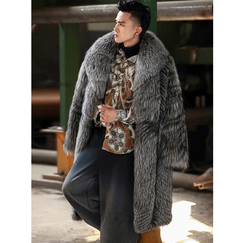 2019 Новая Настоящая мужская шуба из серого лисьего меха, Модная Длинная Верхняя одежда, Шуба, мужские зимние пальто, Толстая теплая меховая куртка