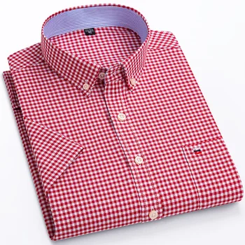 Повседневная мужская рубашка Оксфорд в мелкую клетку из 100% хлопка с коротким рукавом размера Плюс