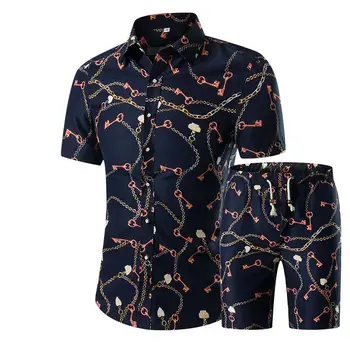 Летние мужские комплекты 2018, Новые рубашки с цветочным принтом и коротким рукавом, Модные повседневные мужские костюмы с отложным воротником