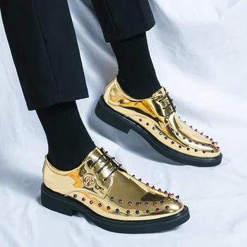 Новая Модная Кожаная обувь с золотым блеском, мужские модельные туфли со стразами, Элитный бренд, Высококачественная обувь для свадебной вечеринки, Размер 46