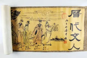 Фарфоровая старая картина бумажная Фигурная живопись длинный свиток живопись Древних литераторов