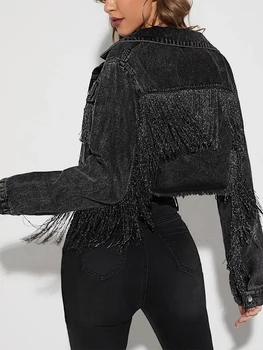 Mubineo Veste en jean pour femme manches longues col rabattable fermeture à boutons vêtements d extérieur courts Noir