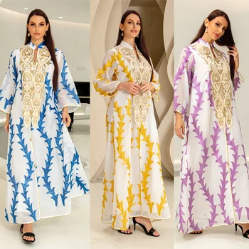 Платья для мусульманских женщин С кружевной вышивкой, V-образный вырез, длинный рукав, вечернее платье Макси, Свободный Элегантный марокканский кафтан, одежда из Турции