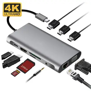 USB Type C Концентратор для 4K VGA Адаптера RJ45 1000M Lan Ethernet SD TF PD USB3.0 3,5 мм Разъем Аудио Видео Для MacBook OTG