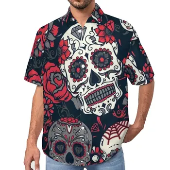 Мексиканская пляжная рубашка с Черепом И цветами, Летние Повседневные рубашки, Мужские Блузки с коротким рукавом, Графическая одежда Большого Размера