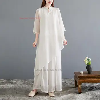 традиционный китайский винтажный набор hanfu 2023, национальная шифоновая блузка + брюки, восточный чайный сервиз, набор hanfu, ретро-народный набор для йоги
