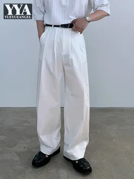 Мужские Летние Белые Брюки свободного Кроя с широкими Штанинами, Модные Длинные брюки в стиле Харадзюку, Удобные Повседневные прямые брюки-карго, Уличная одежда