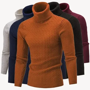 Мужской повседневный свитер с высоким воротом, Пуловер, вязаные свитера с высоким воротом, мужской Джемпер, топ
