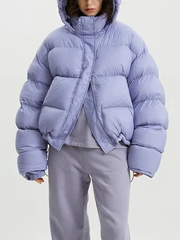 Утолщенное пуховое пальто Женское однотонное с капюшоном Теплое с длинным рукавом 2023 Зимняя женская короткая куртка на молнии