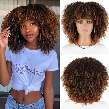 Короткие кудрявые парики с челкой для чернокожих женщин, афро-кудрявые кудрявые парики для чернокожих женщин, синтетические термостойкие пушистые парики-14 