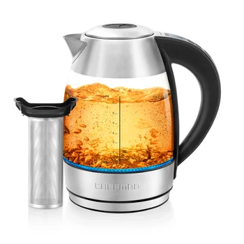 Цифровой электрический стеклянный чайник Chefman 1,8 л, 1500 Вт, быстрое кипячение и 7 настроек, Нержавеющая сталь, Серебряный чайник