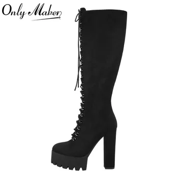 Onlymaker/ Женские ботфорты выше колена на платформе, черные ботфорты из Флока на массивном каблуке с боковой молнией, Большие размеры, вечернее платье, зимние ботинки, обувь
