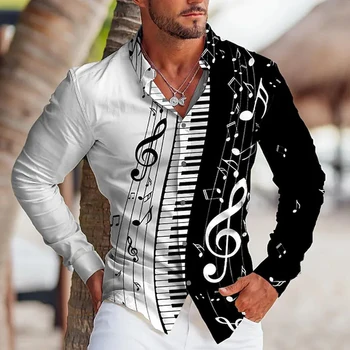 Весенние модные рубашки для мужчин, повседневный топ с принтом пианино, негабаритный топ с длинными рукавами и пуговицами, Мужская одежда для путешествий, camisas y blusas класса Люкс