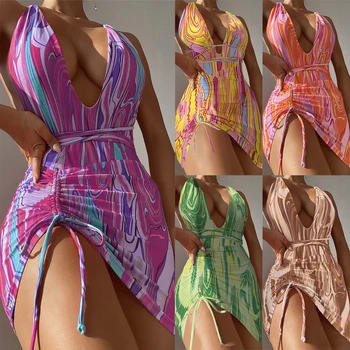 Комплекты бикини из двух предметов для женщин, цельные купальники с повязкой и юбкой, женские летние пляжные купальные костюмы