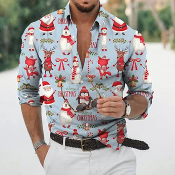 Мужские Рождественские Рубашки с 3D Принтом, Рождественская Блузка с Длинным рукавом, Праздничный Топ для Вечеринки, Футболка Оверсайз для Мужской Одежды Harajuku Camisa