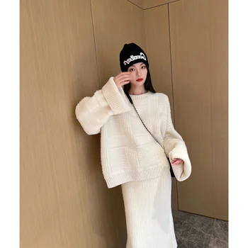 Xiaojingjia's same French niche fashion INS стиль блоггера, вязаный свитер со свободным рукавом, костюм с юбкой