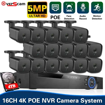 16-Канальная Система Видеонаблюдения NVR Комплект 5-Мегапиксельная Наружная Система Распознавания Лиц Защита Безопасности Аудио IP-камера 16-КАНАЛЬНЫЙ POE NVR Комплект Видеонаблюдения P2P