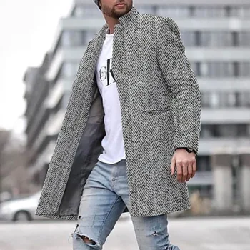 Мужское шерстяное пальто, Ветровка средней длины, однотонный костюм, куртка с воротником, Мужское Модное Длинное теплое пальто, Кардиган с длинным рукавом, пальто, топ