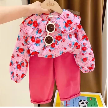 Комплект детской одежды, Хлопковый наряд, Блузка с цветочным рисунком для маленьких девочек, Топы, Рубашка + Длинные брюки, 2 предмета, новинка Весны-Осени