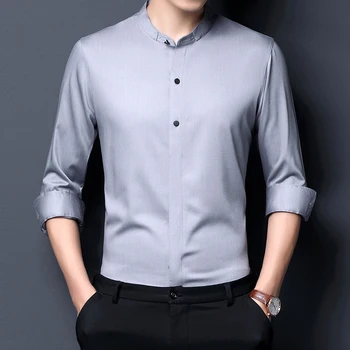 Новая Весенне-Осенняя Однотонная рубашка с длинным рукавом и маленьким воротником-стойкой, мужские красивые Модные рубашки C688-217